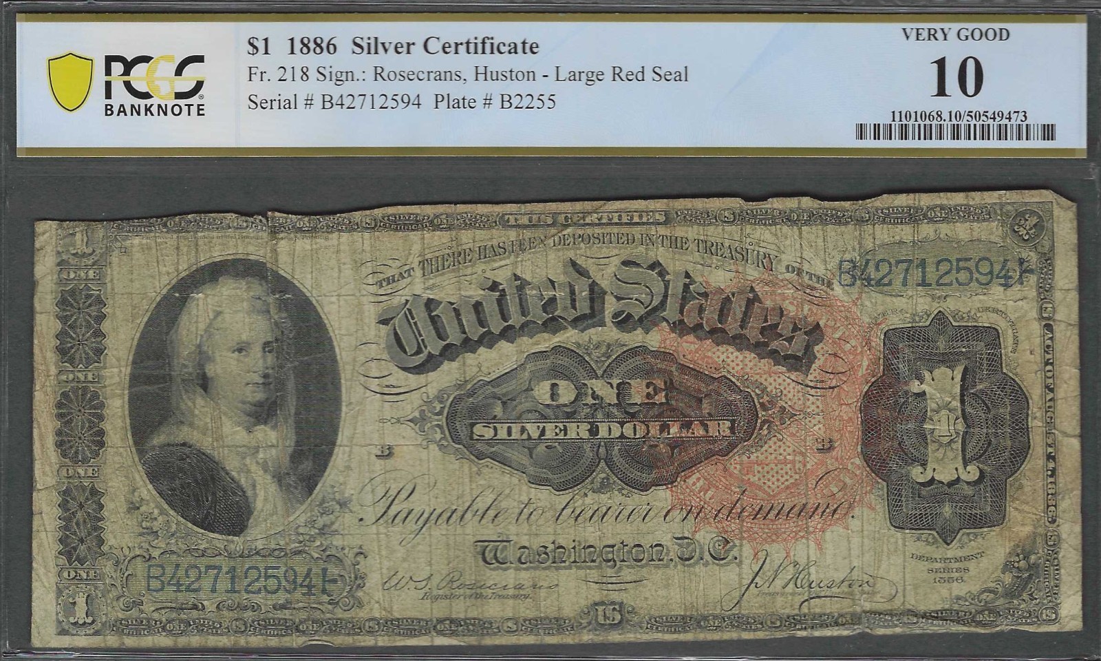 1886 $1 LARGE Size MARTHA WASHINGTON PCGS Very Good 10 Silver Certificate