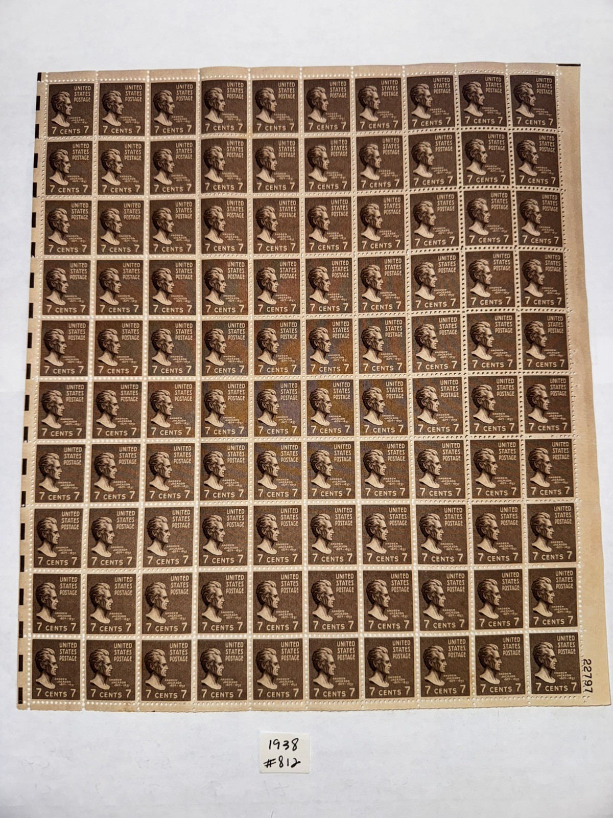 1938 #812 7c Jackson Full Sheet 100 Mint 1938 #812 7c Jackson Full Sheet 100 Mint