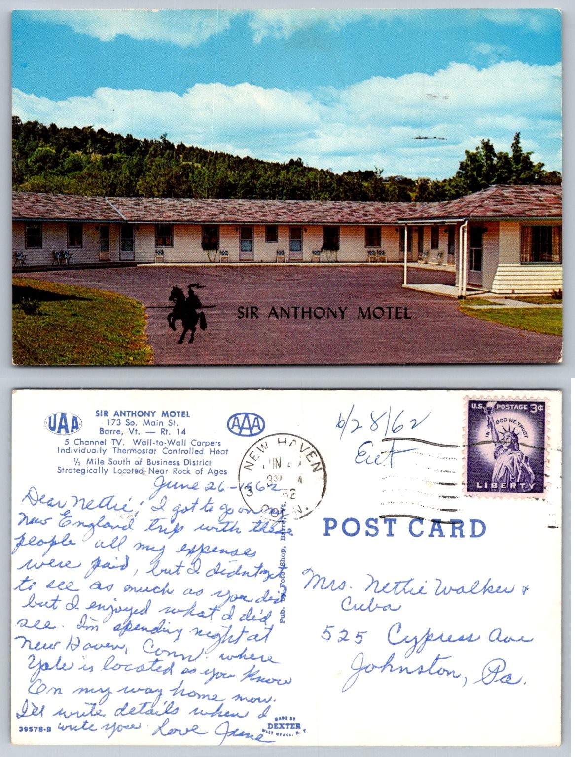 1962 Sir Anthony Motel Barre VT Postcard Knight on Horseback New Haven Postmark