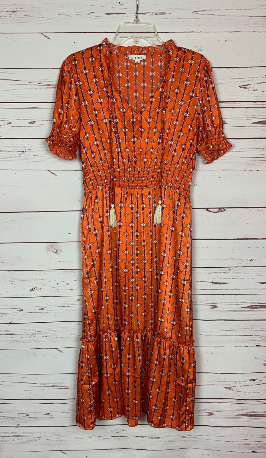 THML Anthropologie Women\'s L Large Orange Blue Shiny Short Sleeve Long Dress