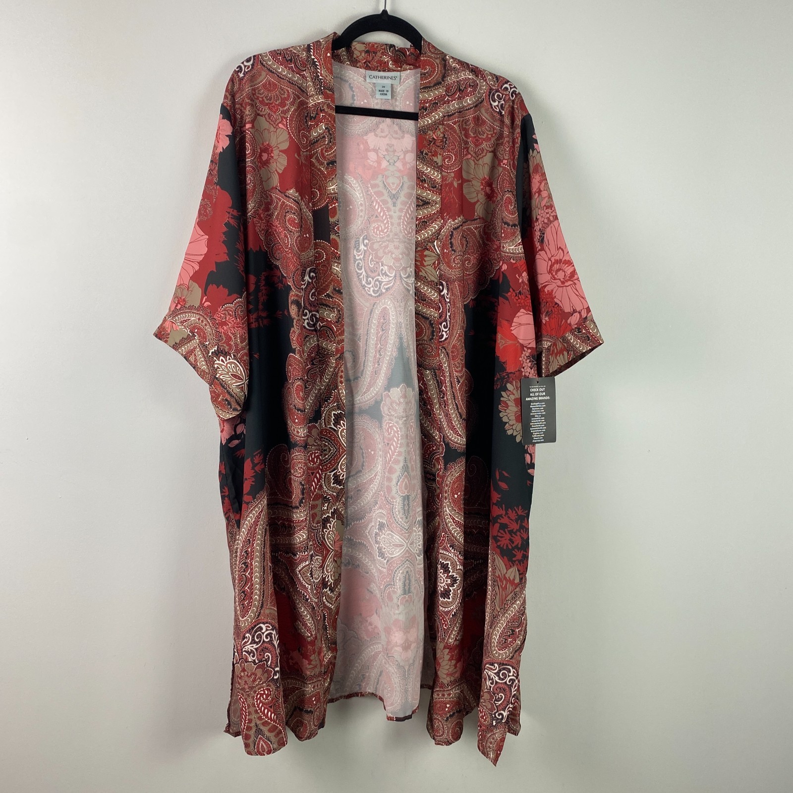 Catherines Luxe Georgette Long Duster Kimono Size 2X Red Black Paisley Boho