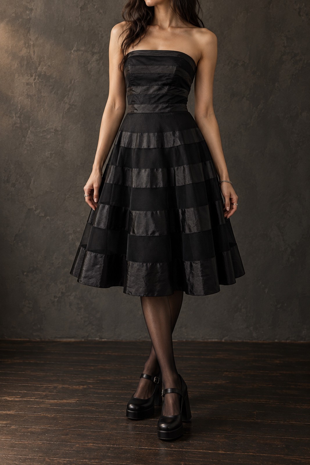 Vintage Black Strapless Romantic Party Homecoming Dress Fit & Flare Soft Grunge
