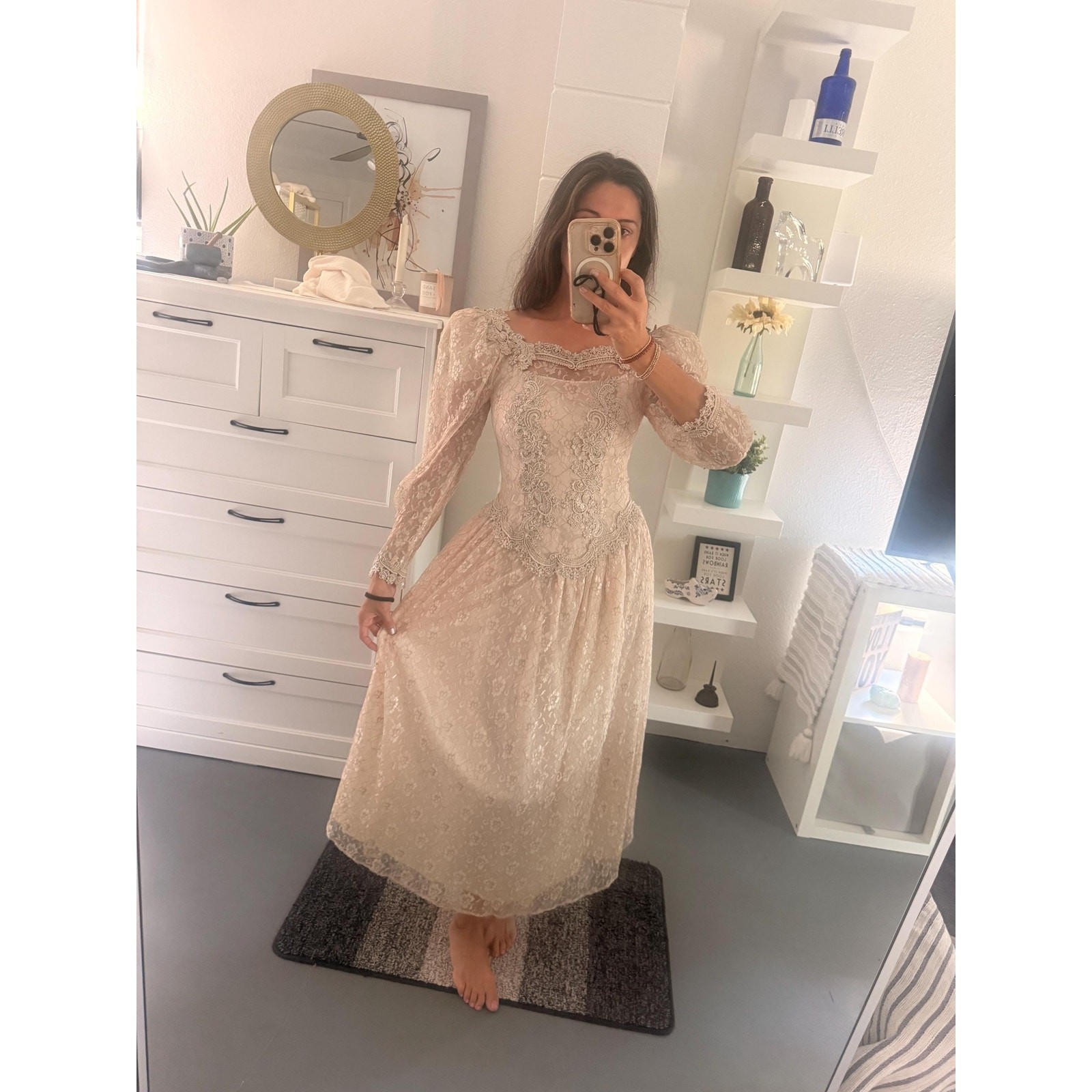 Vintage 1980s Cachet by Bari Protas ivory lace romantic Victorian dress gown