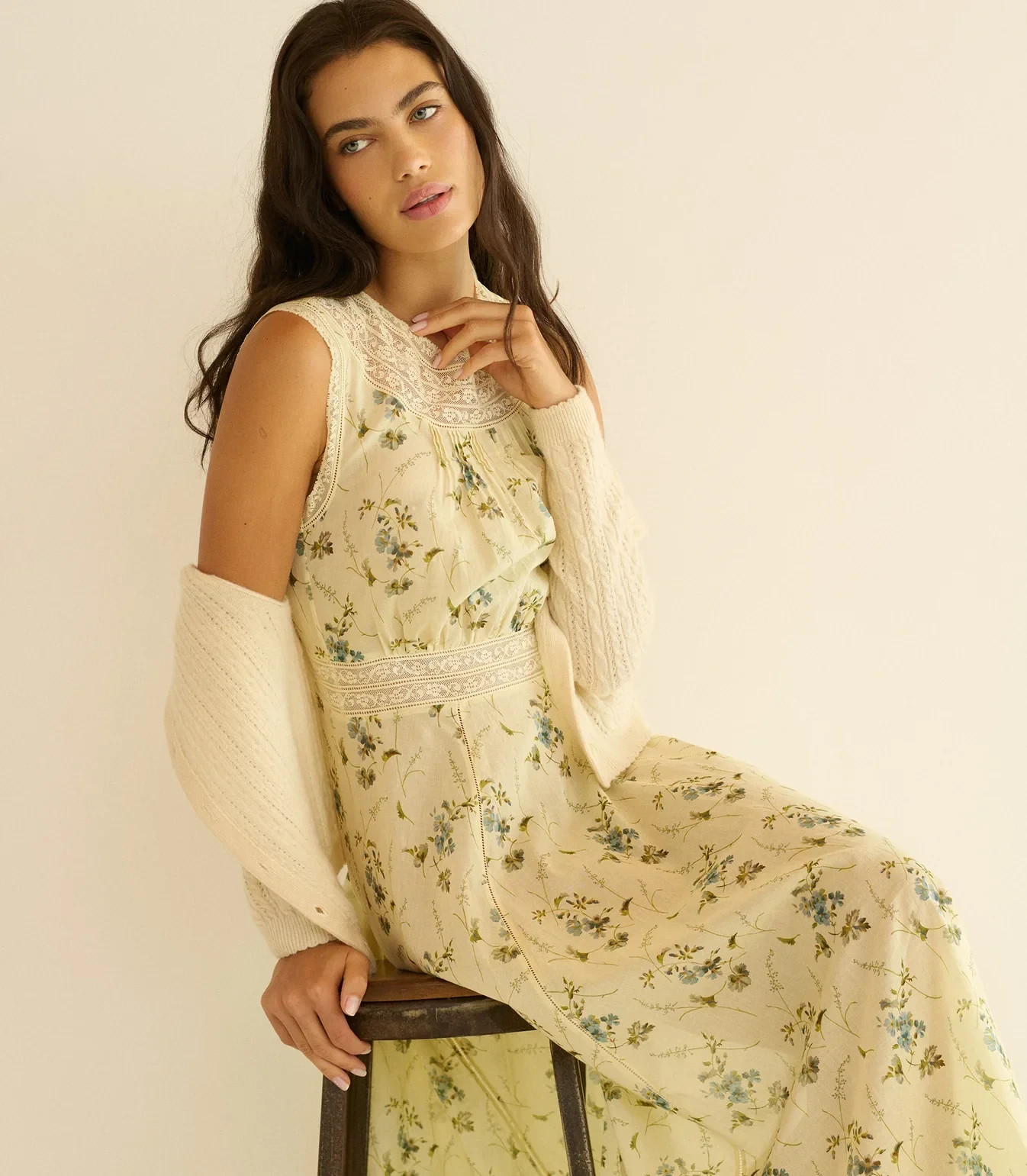 Doen Liliane Sunshine Prairie Rose Floral Print Cotton Midi Maxi Gown Dress S
