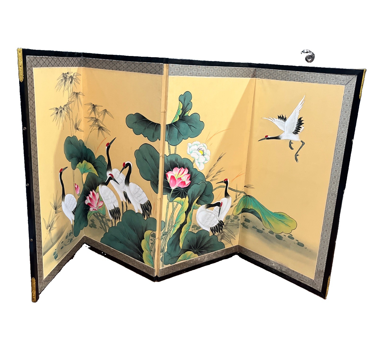 Vintage Large Japanese 4 Panel Folding Silk Screen Cranes Lily 67.5” L 34” Tall Vintage Large Japanese 4 Panel Folding Silk Screen Cranes Lily 67.5” L 34” Tall