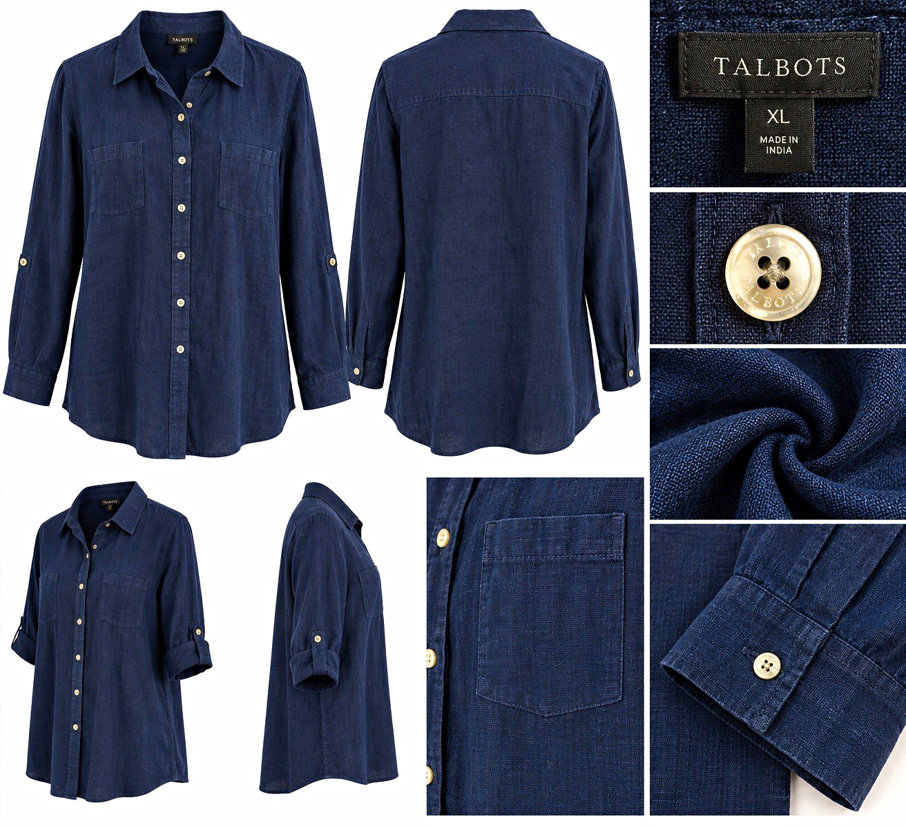 Talbots Womens XL Navy Blue 100% Linen Button Down Shirt Roll Tab Sleeve