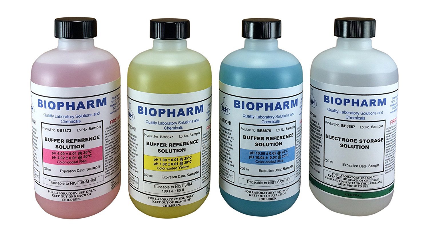 Biopharm Buffer Calibration Solution (4) each 8oz bottles pH 4, 7, 10, and ES Biopharm Buffer Calibration Solution (4) each 8oz bottles pH 4, 7, 10, and ES