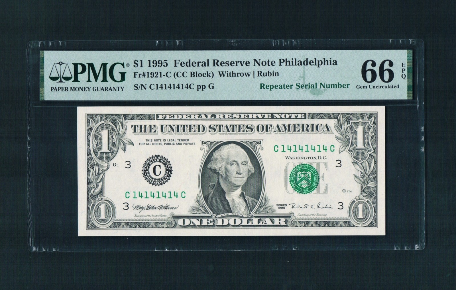 $1.00 1995 Federal Reserve Phillie(TRUE C14141414C)SUPER REPEATER~NICE PMG-66epq