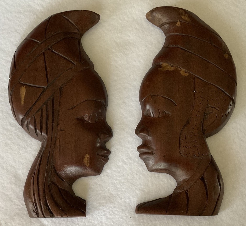 Vintage Pair African Hand Carved Wood Wall Art Man Woman Face To Face 11” Vintage Pair African Hand Carved Wood Wall Art Man Woman Face To Face 11”