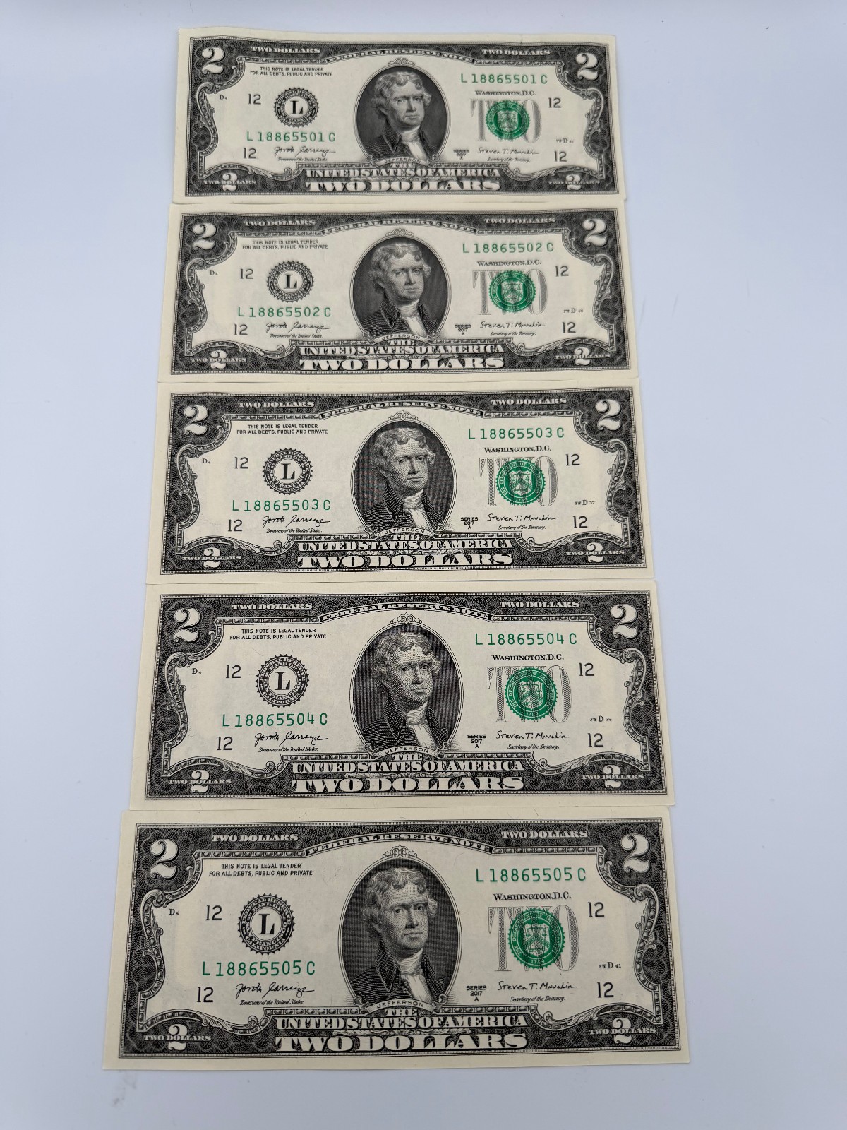 2$ Two Dollar Bills Set of 5 Consecutive 2017A Notes Crisp UNC Uncirculated