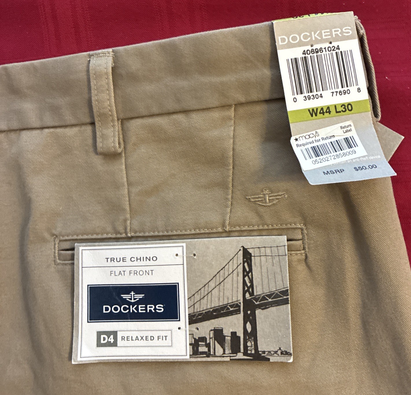 NWT~Dockers D4~True Chino~Flat Front~Relaxed Fit~Beige Khaki Pants~Sz W44 x L30