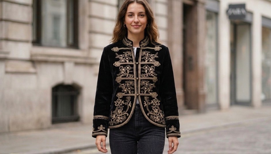 zara zw collection embroidered frog fastening jacket size L 5107/251/800 zara zw collection embroidered frog fastening jacket size L 5107/251/800