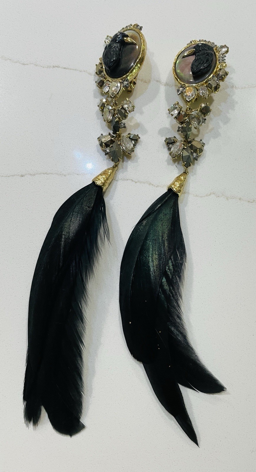 Alexis Bittar Elements Raven Cameo Feather Clip Earrings Crystal Statement Rare