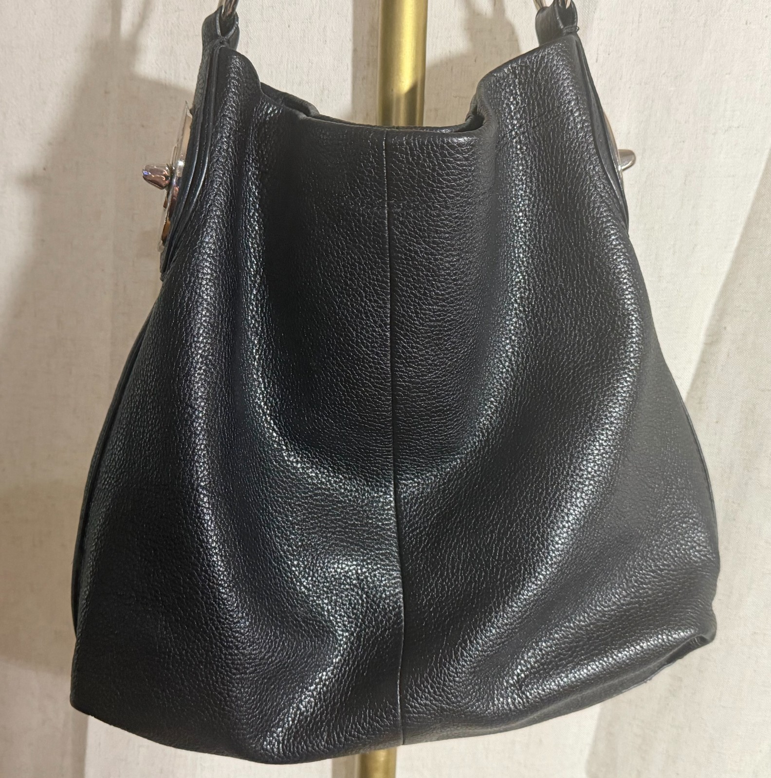Coach Penelope F16535 Black Pebbled Leather Hobo Shoulder Bag Silver Turnlock