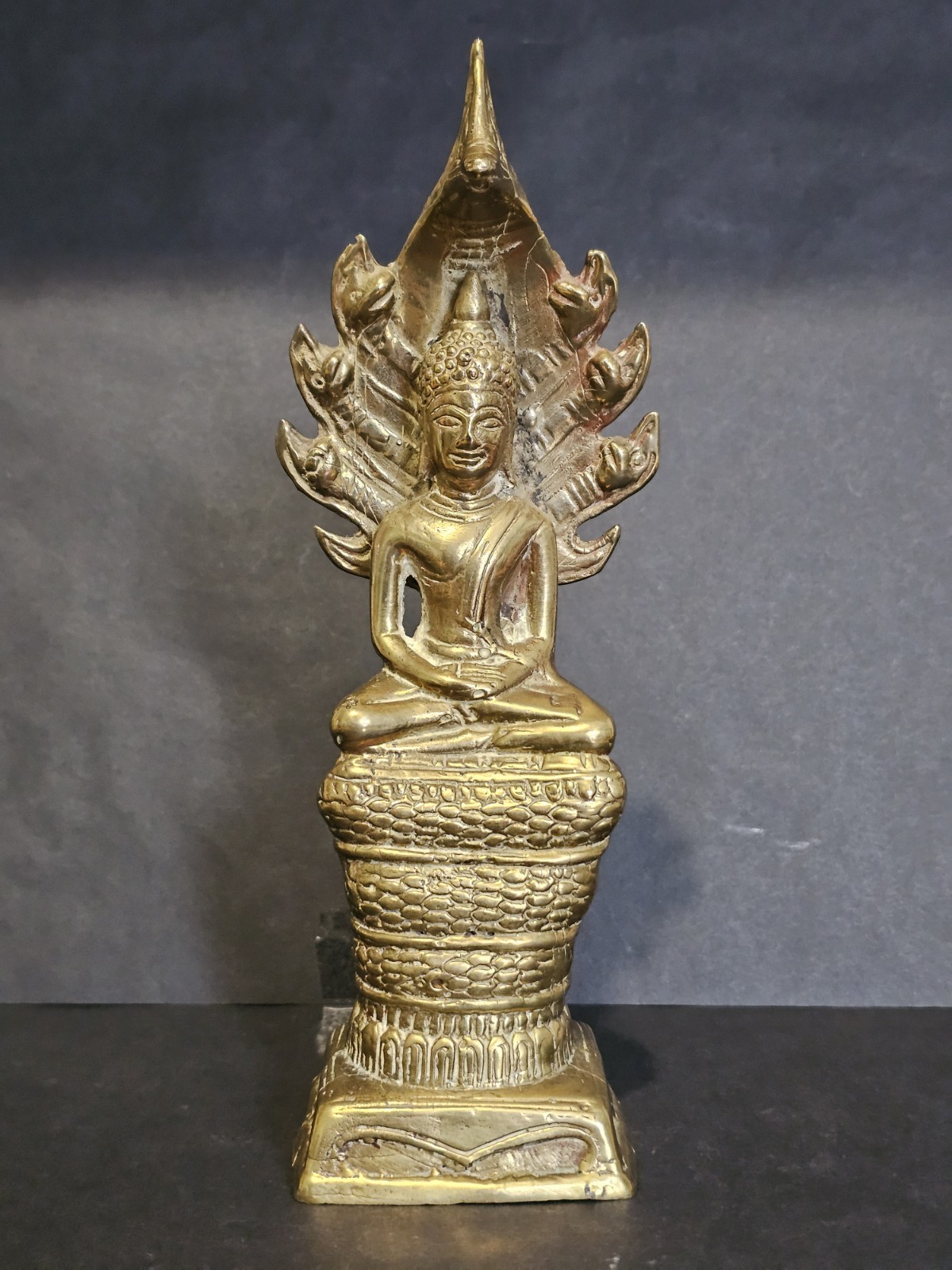 Early 20th Century Antique Brass Buddha & 7 Headed Naga Statue 22cm High.