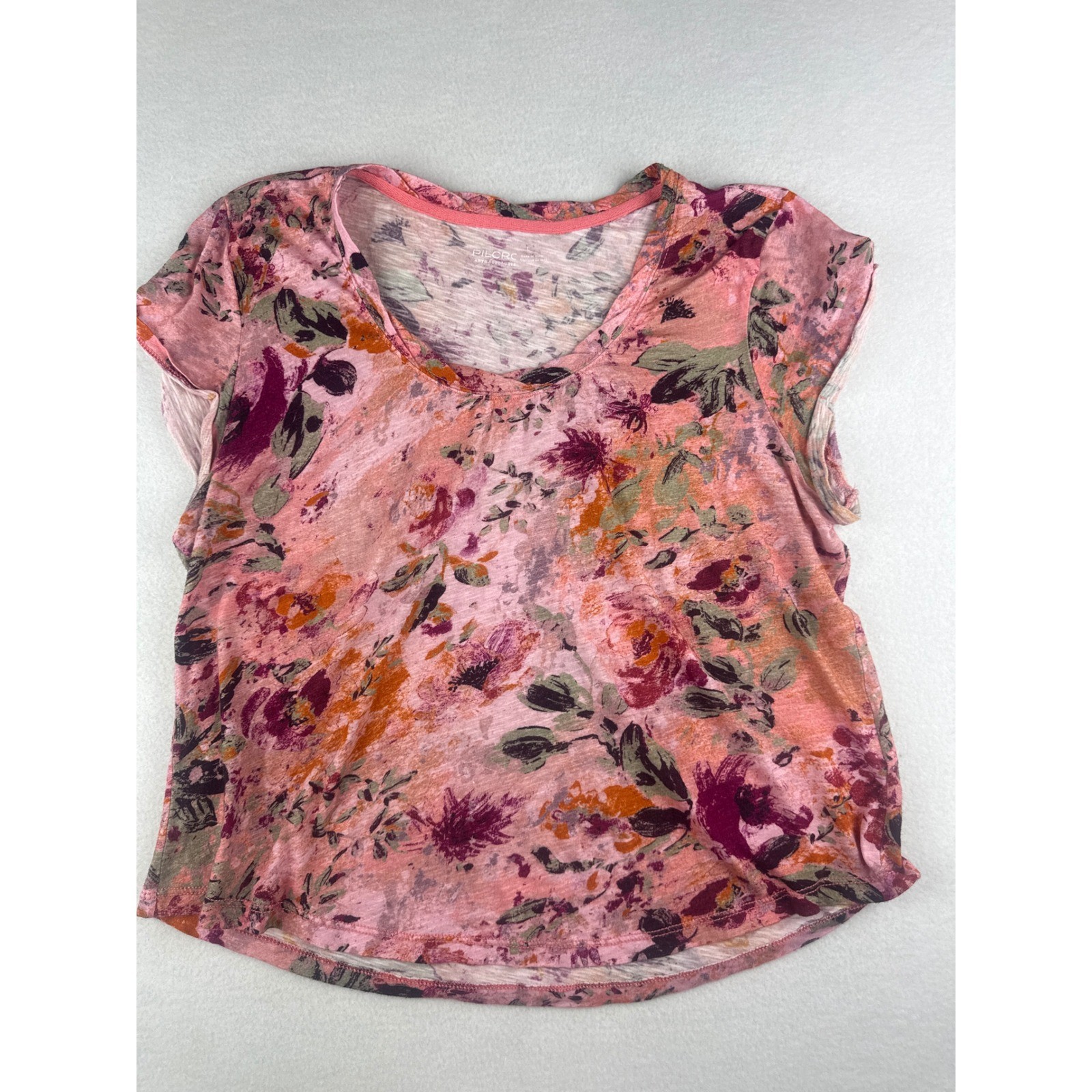 Pilcro Anthropologie Pink Floral Cotton Scoop Neck Short Sleeve Tee Top Large