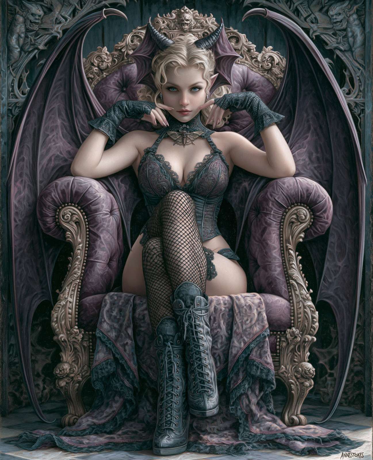 Horned Succubus Queen on a Purple Throne in a Black Corset Print - 983159775