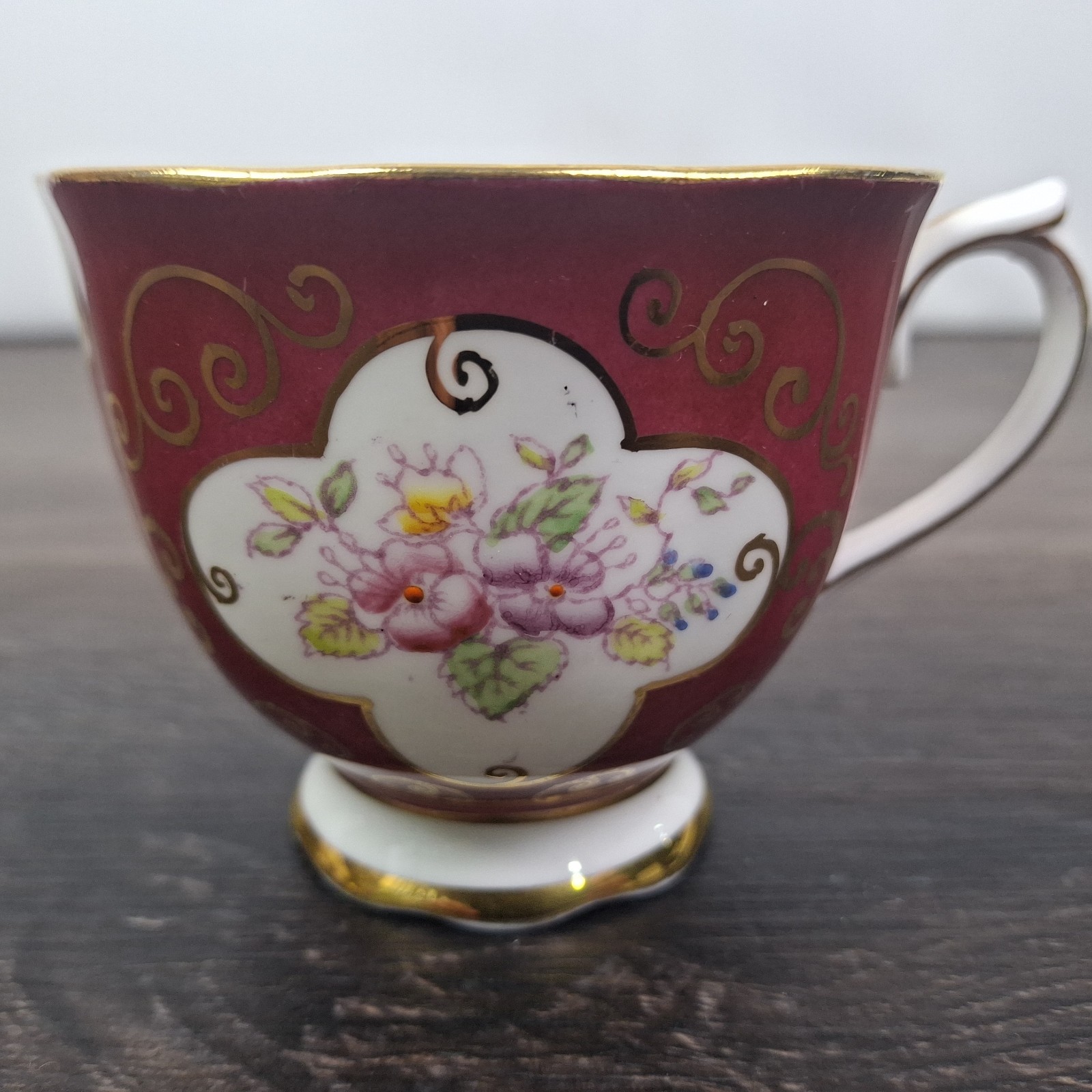 Vintage Royal Albert Bone China Teacup Burgundy Maroon Gold Scroll Floral
