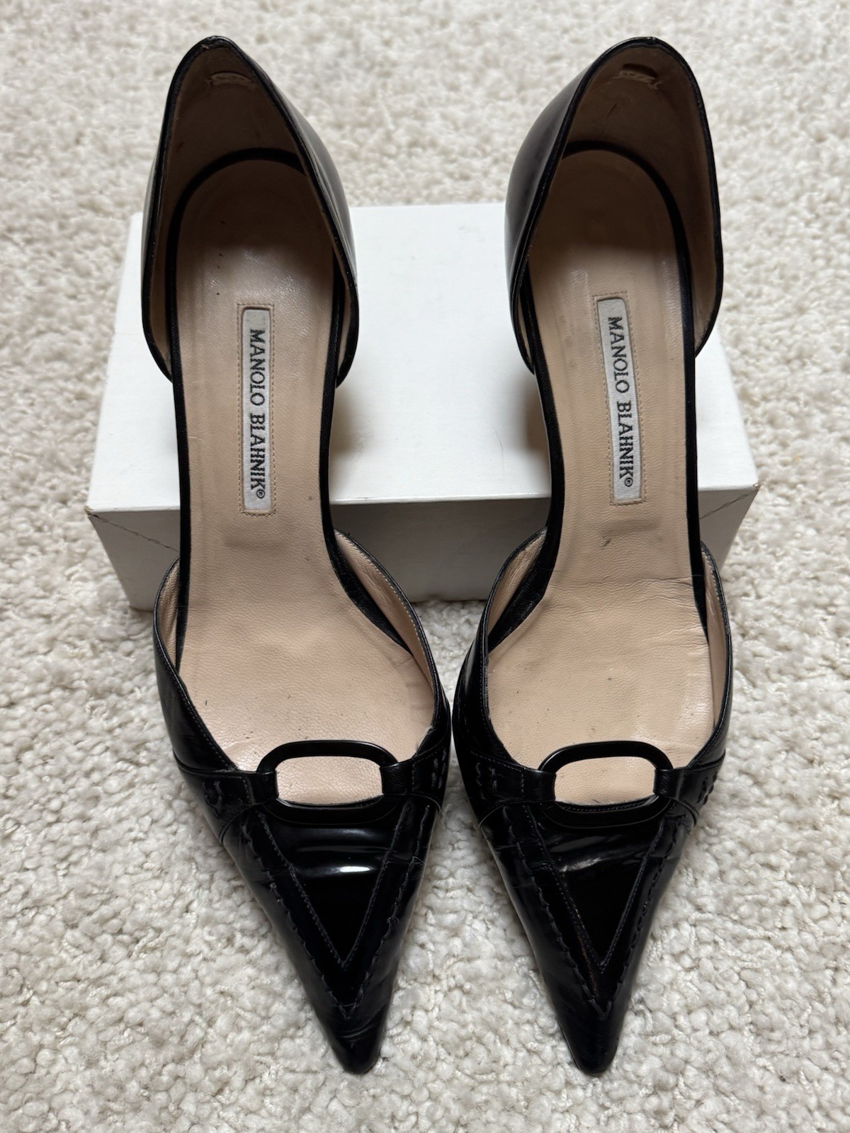 Vintage Manolo Blahnik Black Patent Leather Pumps EU 40.5 Pointed Toe Heels