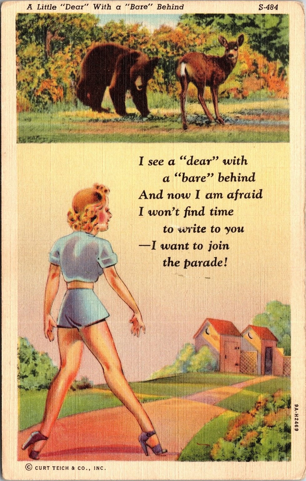 Vintage 1939 Linen Postcard A Little Dear With A Bare Behind Humorous Pun Vintage 1939 Linen Postcard A Little Dear With A Bare Behind Humorous Pun