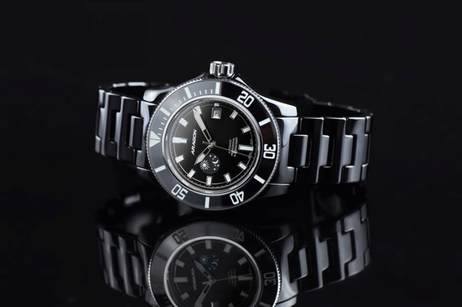 NEW Aragon Hecules Black Ceramic Automatic Watch Day/Night w/Date 20 ATM