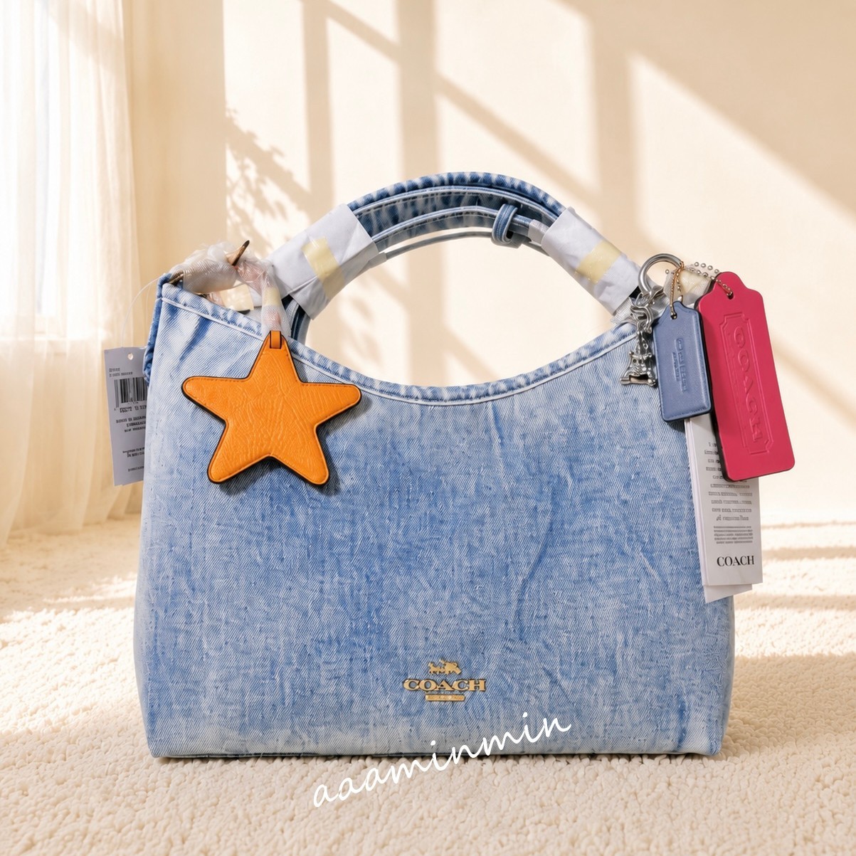 NWT Coach Laurel Shoulder Bag In Loved Denim With Charms CEF26 NWT Coach Laurel Shoulder Bag In Loved Denim With Charms CEF26
