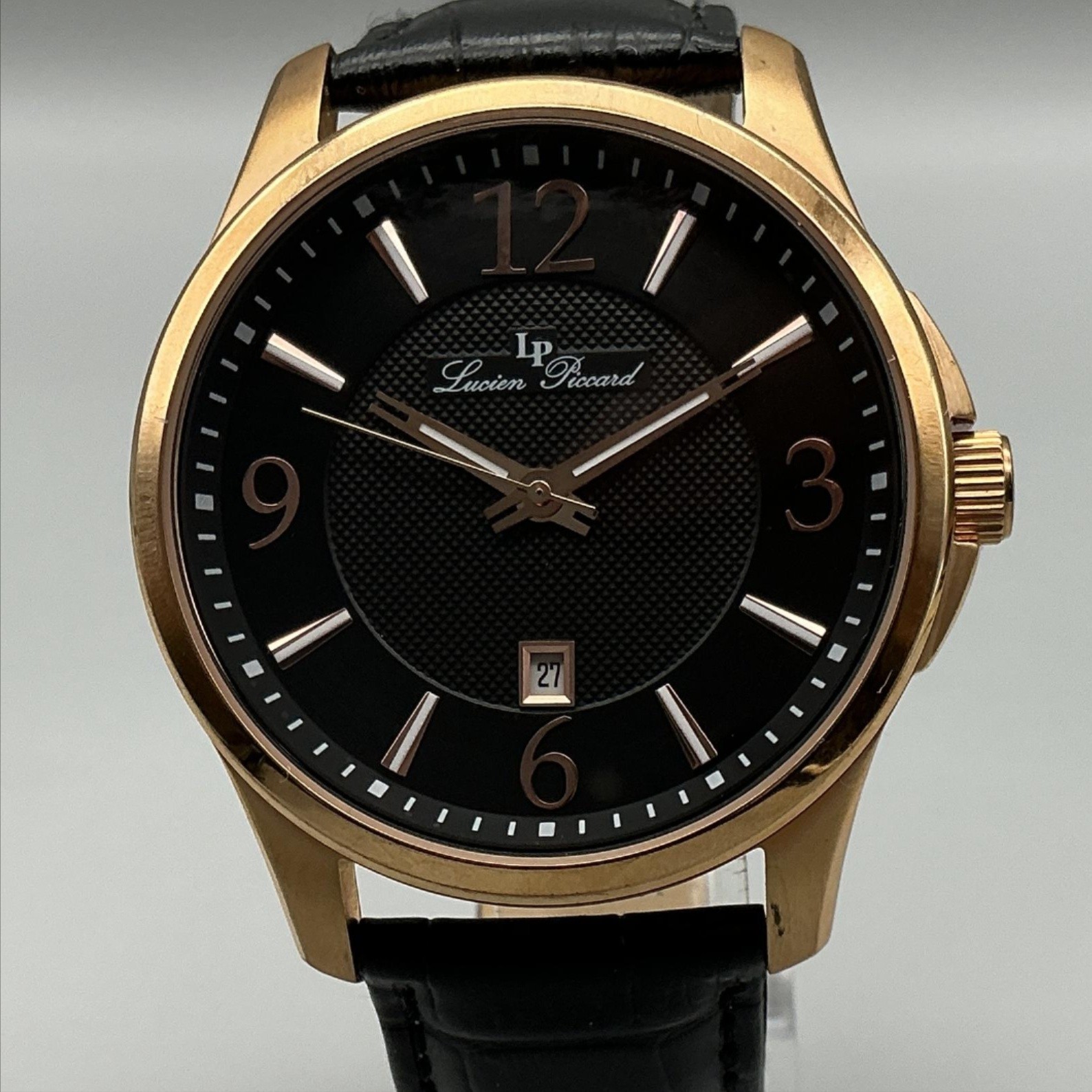 Lucien Piccard Mens Watch 42mm Black Dial Rose Gold Tone Date New Battery