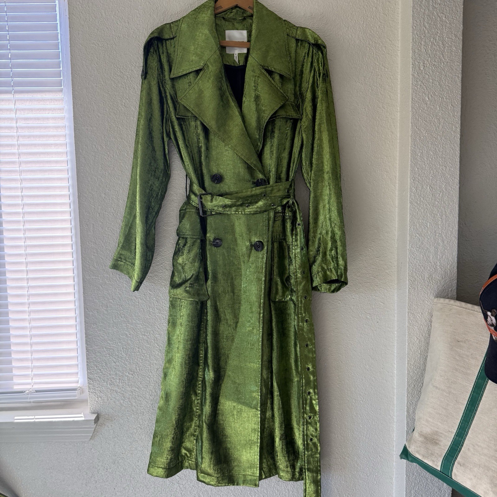 Avec Les Filles Metallic Shimmer Trench Coat Womens S Belted Matcha Green Shiny Avec Les Filles Metallic Shimmer Trench Coat Womens S Belted Matcha Green Shiny
