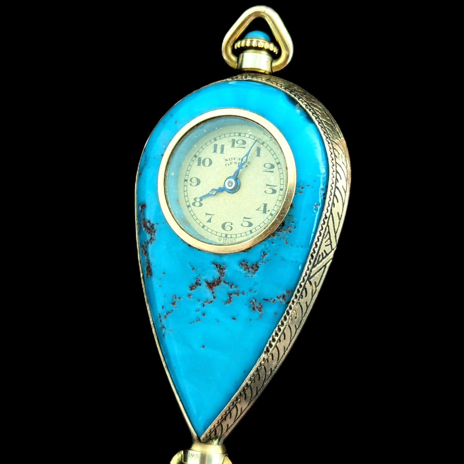Antique Novalis Geneve 10k Gold Peking Glass Swiss Pendant FOB Watch Art Deco