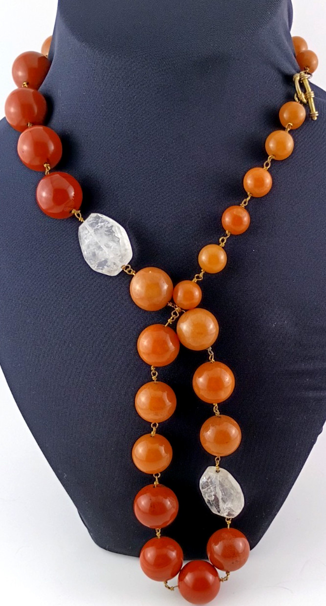 Antique Art Deco Goldfish Carnelian Agate & Raw-Cut Rock Quartz Crystal Necklace