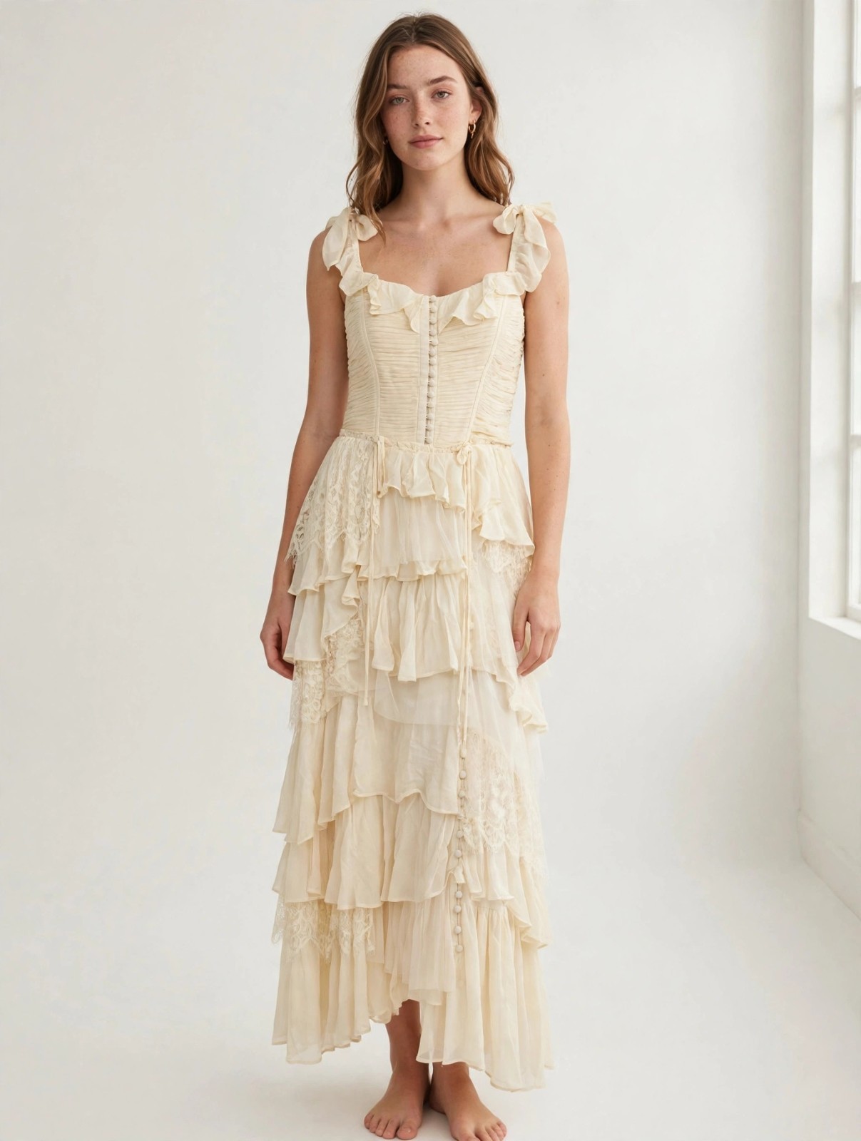 NWT by Anthropologie Ivory Smocked Tie-Strap Tiered Lace Ruffle Maxi Dress 1X