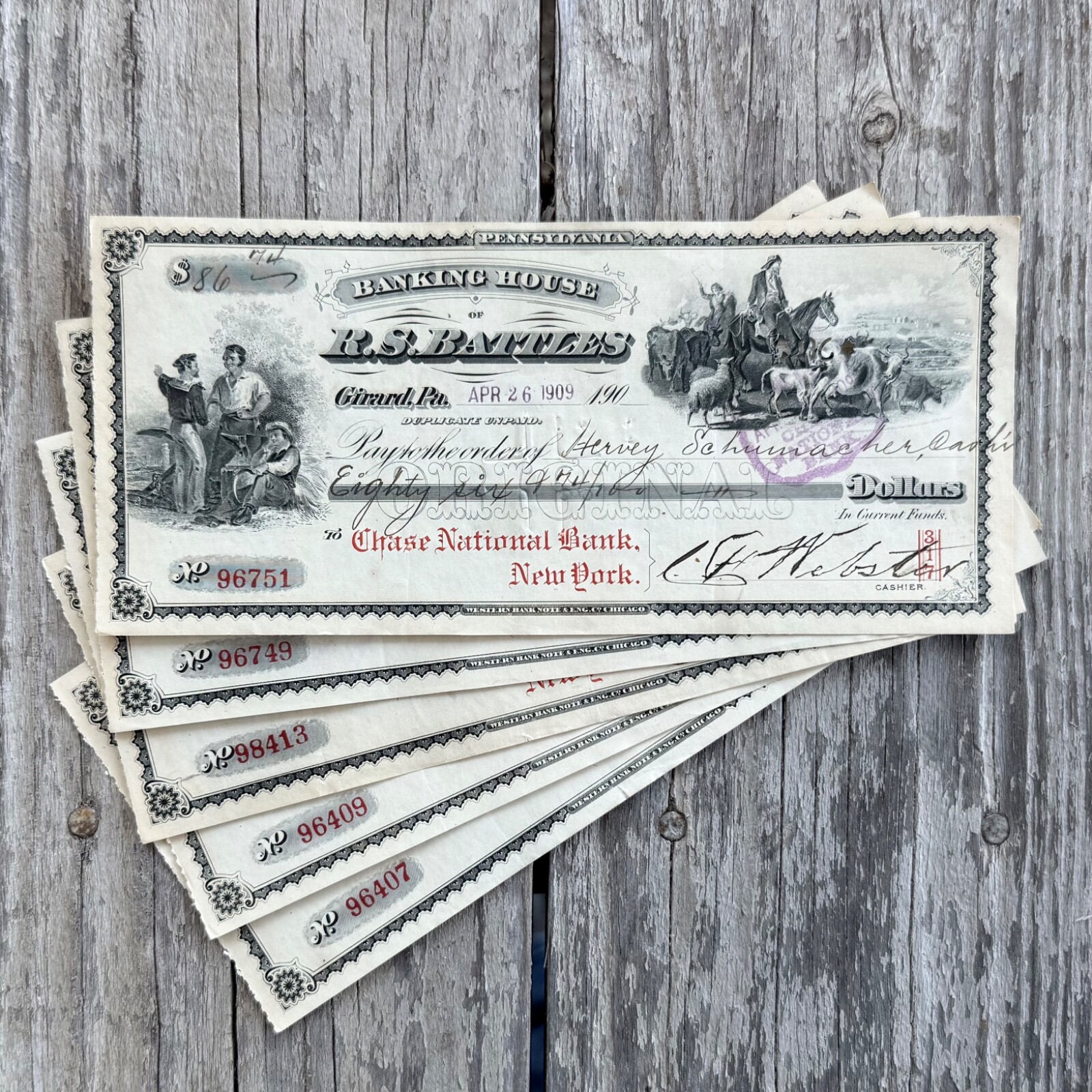 5 Antique 1909 Banking R.S. BATTLES BANK NOTE Checks Girard PA Original LOT