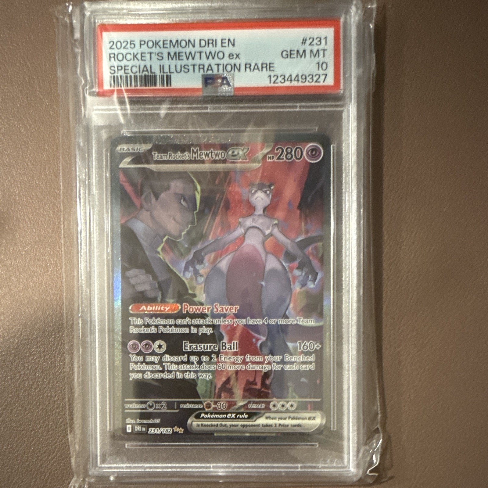 Pokemon Team Rocket\'s Mewtwo ex Holo SIR 231/182 Sv10 (2025) PSA 10