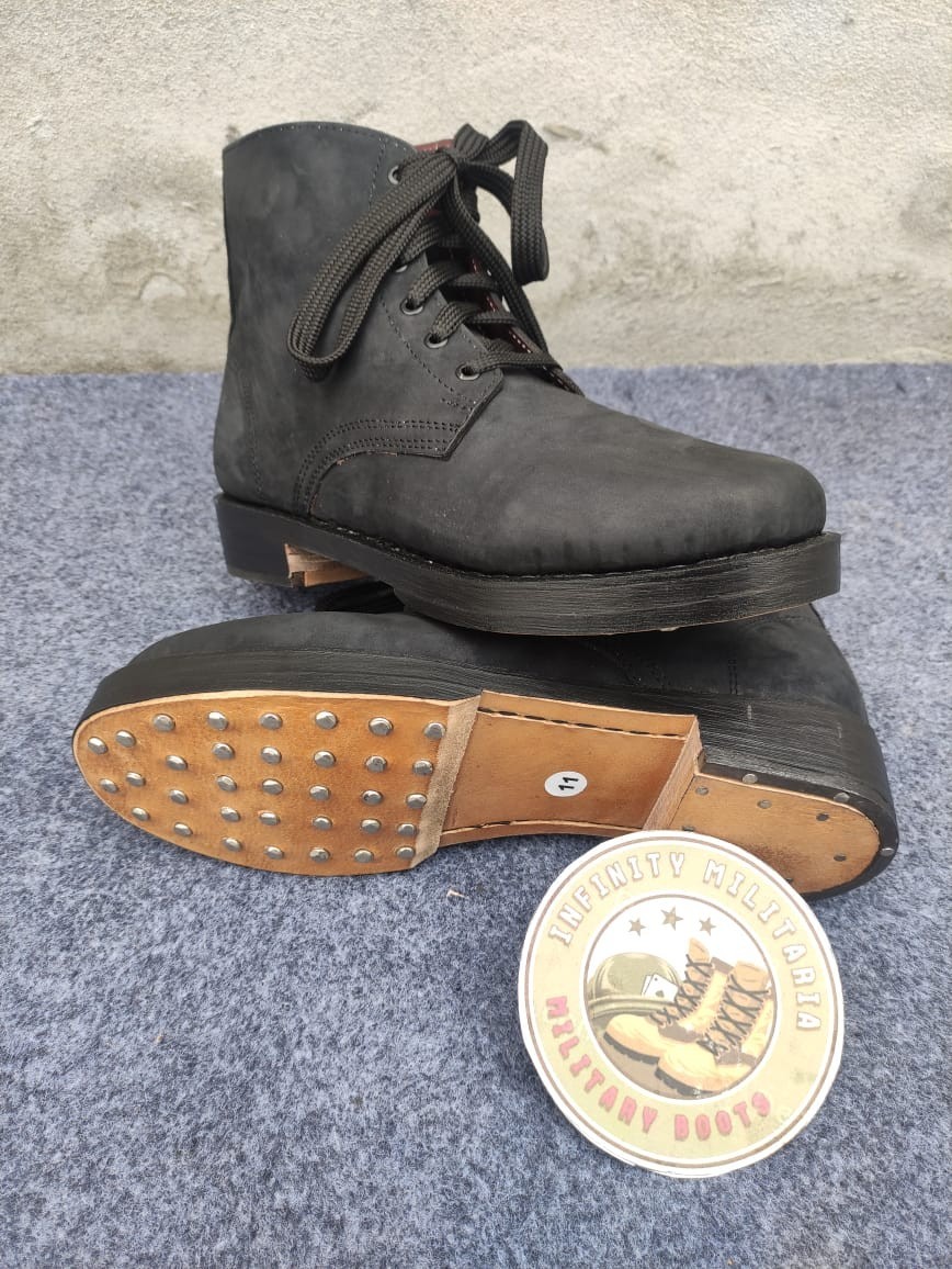 Handmade German Style Low Boots. Black Matte Black  With Iron Heel & Hobnails