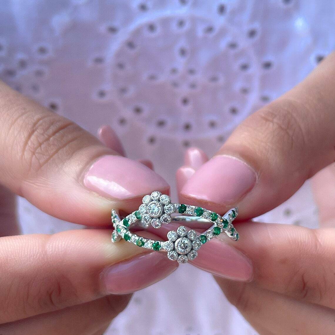 Spectacular Engagement Twisted Ring 2.00 Ct Moissanite & Emerald 14K White Gold