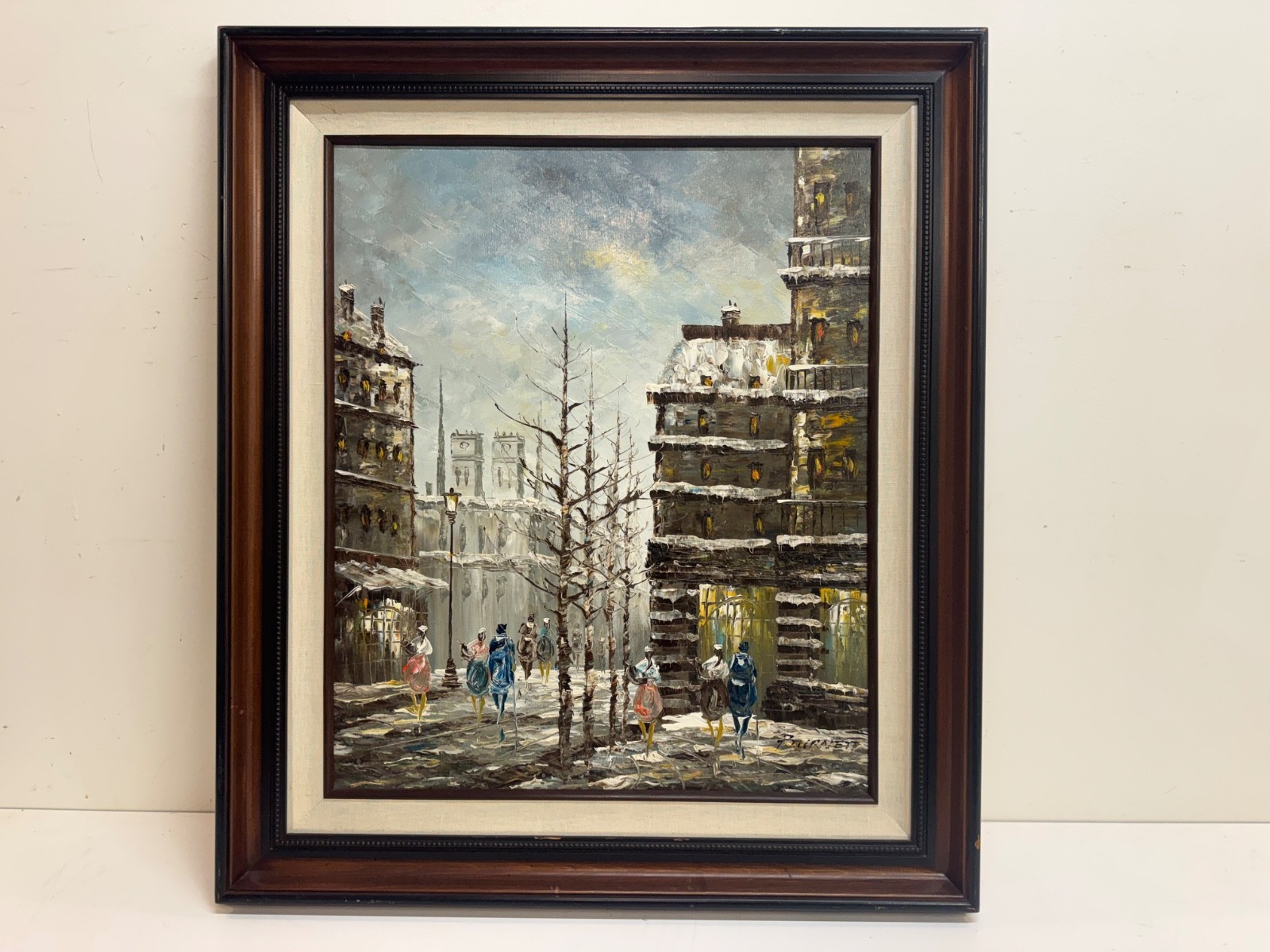 Caroline Burnett Painting on Canvas Winter Street Scene in Paris, France Signed