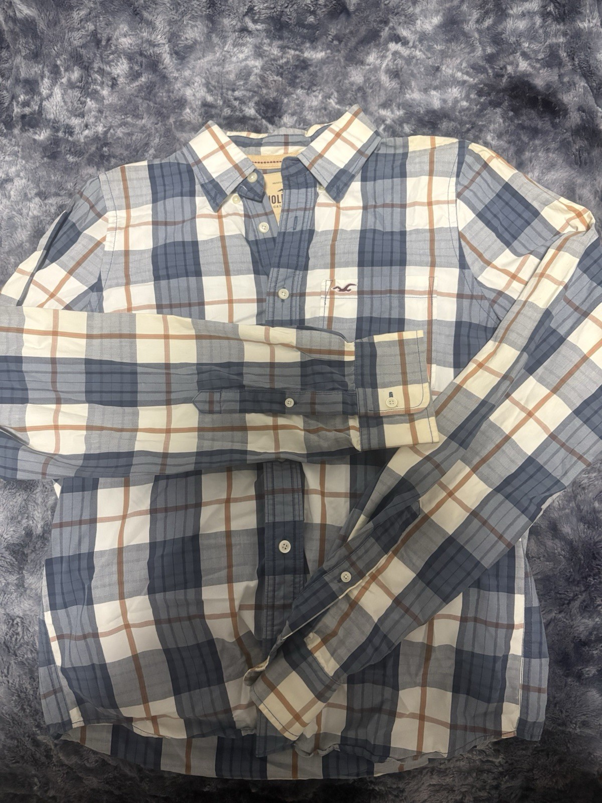 Hollister Mens XL Plaid Button Up Shirt Blue Green White Pockets Embroidered