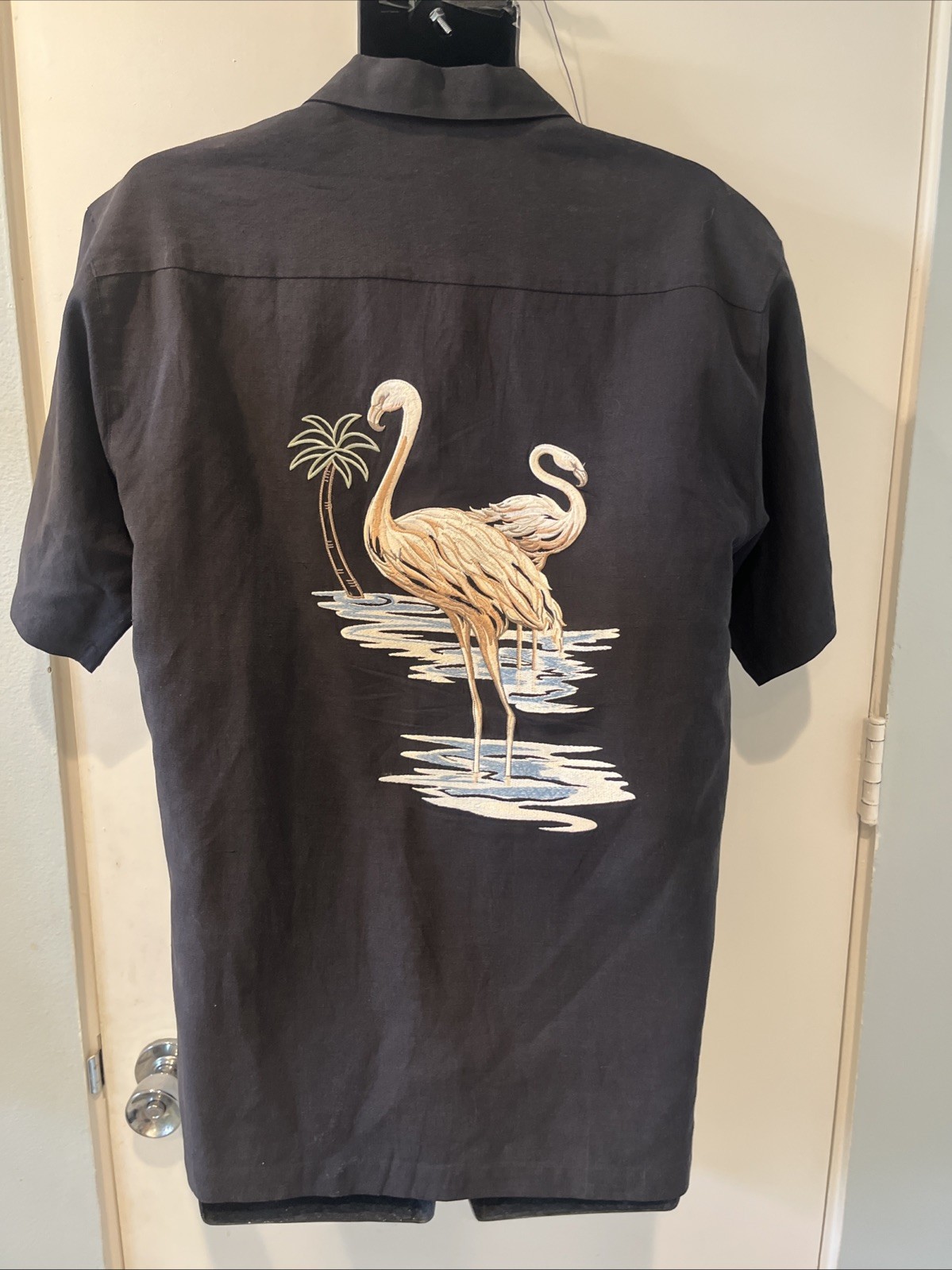 Vintage Tori Richard Mens M Black Silk Linen Camp Shirt Embroidered Flamingo