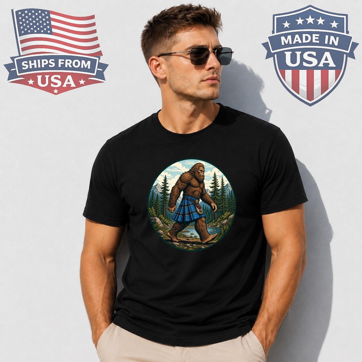 Bigfoot Wearing Kilt Graphic T-Shirt