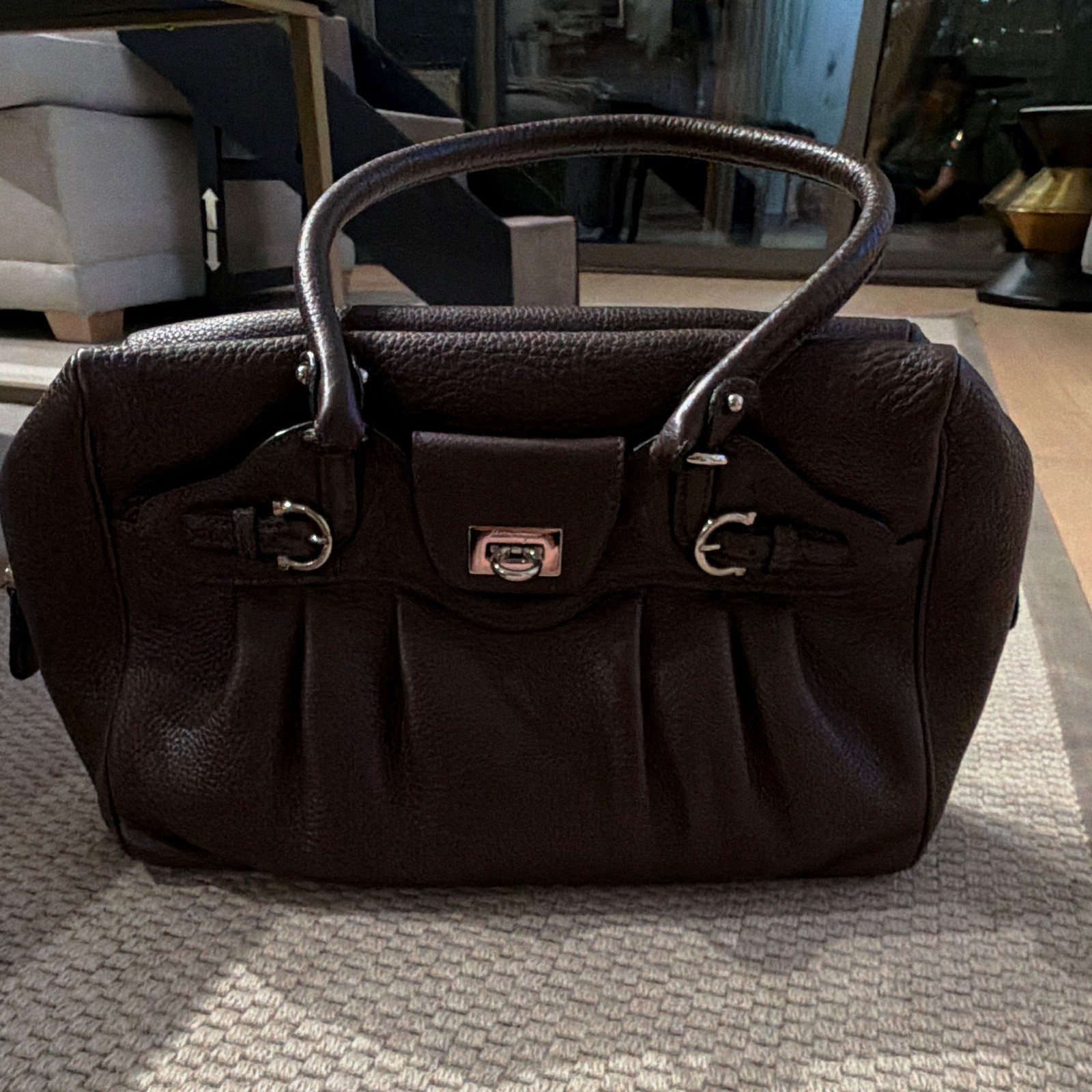 Salvatore Ferragamo Brown Pebbled Large Shoulder Bag Zip Silver Hardware Strap Salvatore Ferragamo Brown Pebbled Large Shoulder Bag Zip Silver Hardware Strap