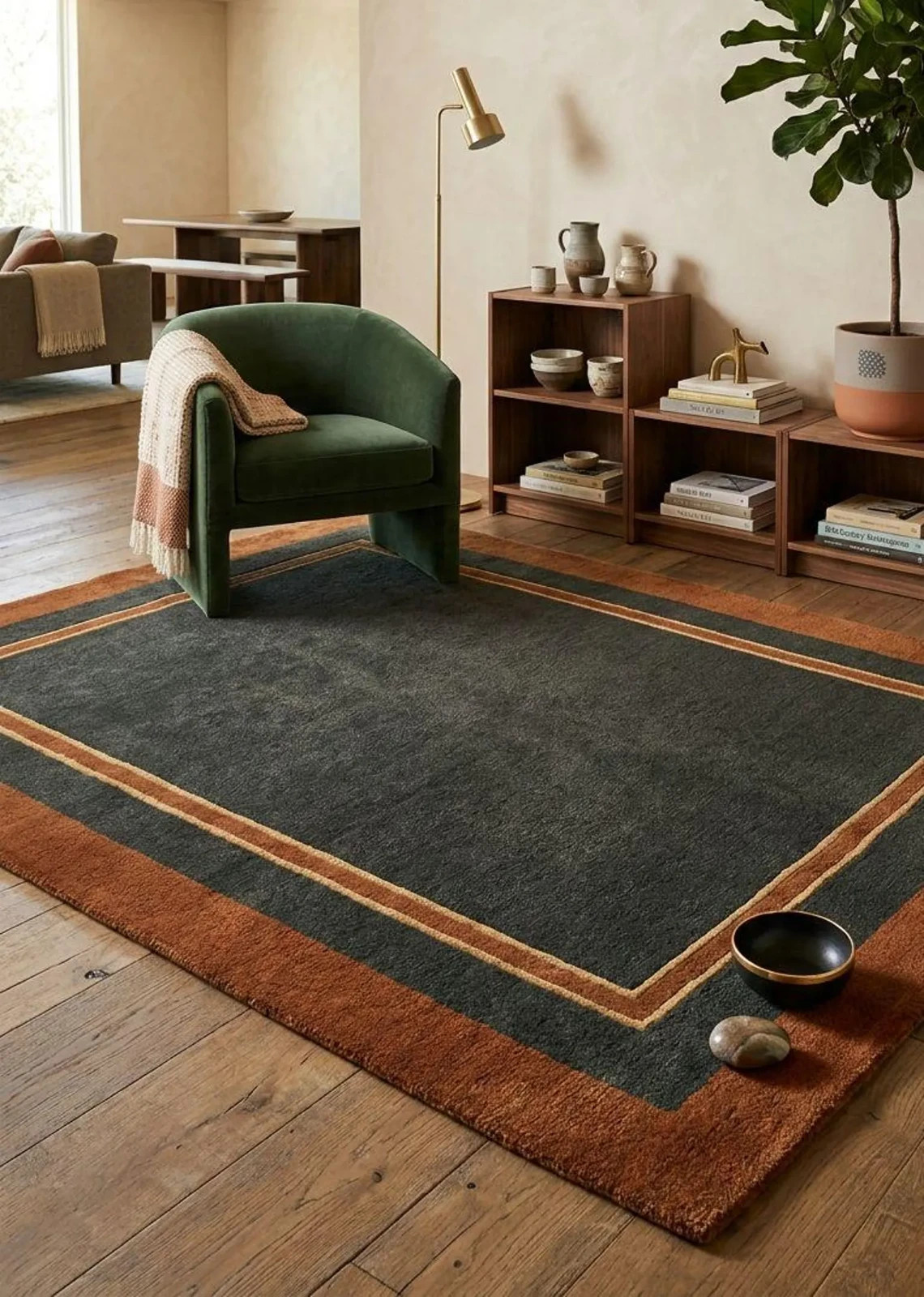 Mid Century Modern Hand Tufted Wool Rug, Charcoal & Rust Border Area Rug Carpet. Mid Century Modern Hand Tufted Wool Rug, Charcoal & Rust Border Area Rug Carpet.