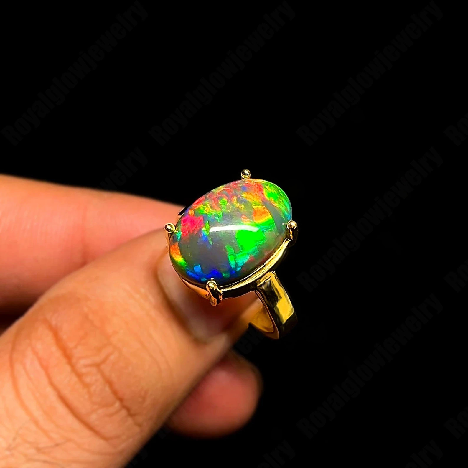 14x 10 mm Natural  Black Opal Cabochon-Crafted Gold Plated Multi Fire Ring