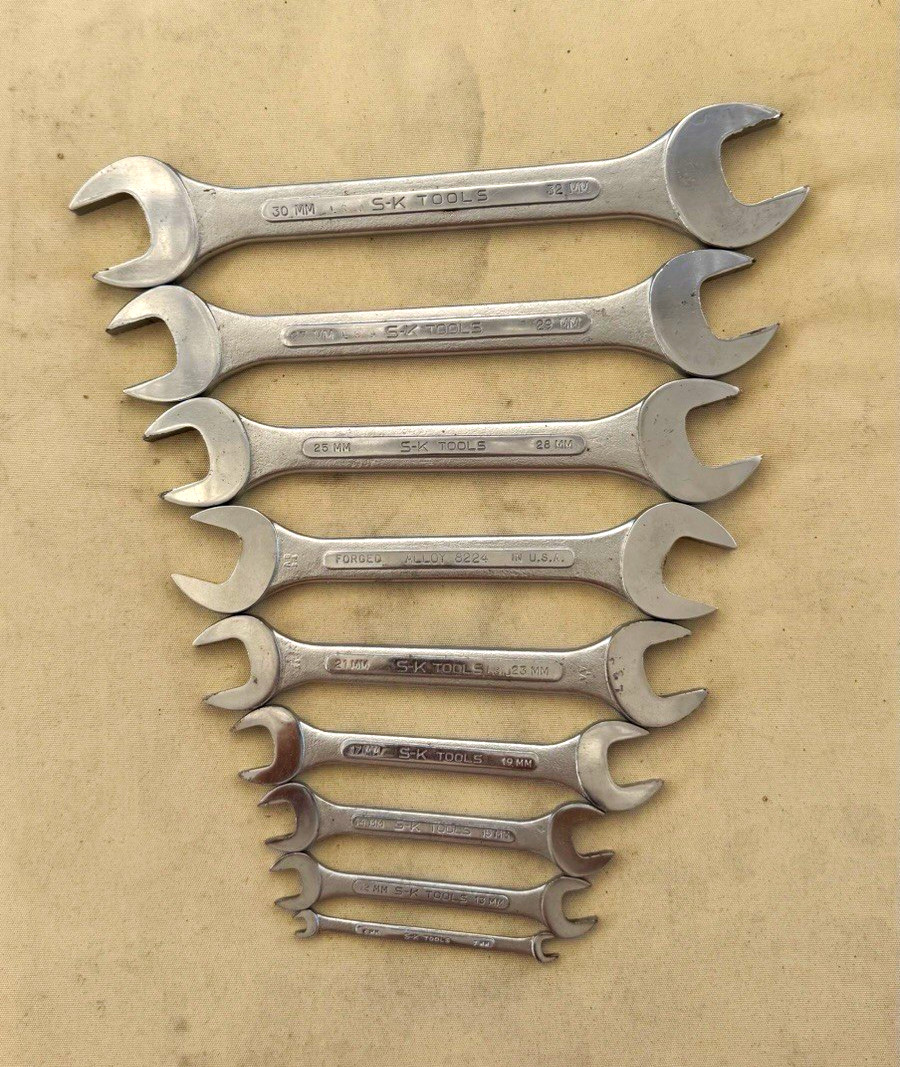 Vintage S-K Tools USA Metric Double Open End Wrenches 9 Piece Lot 6–32mm