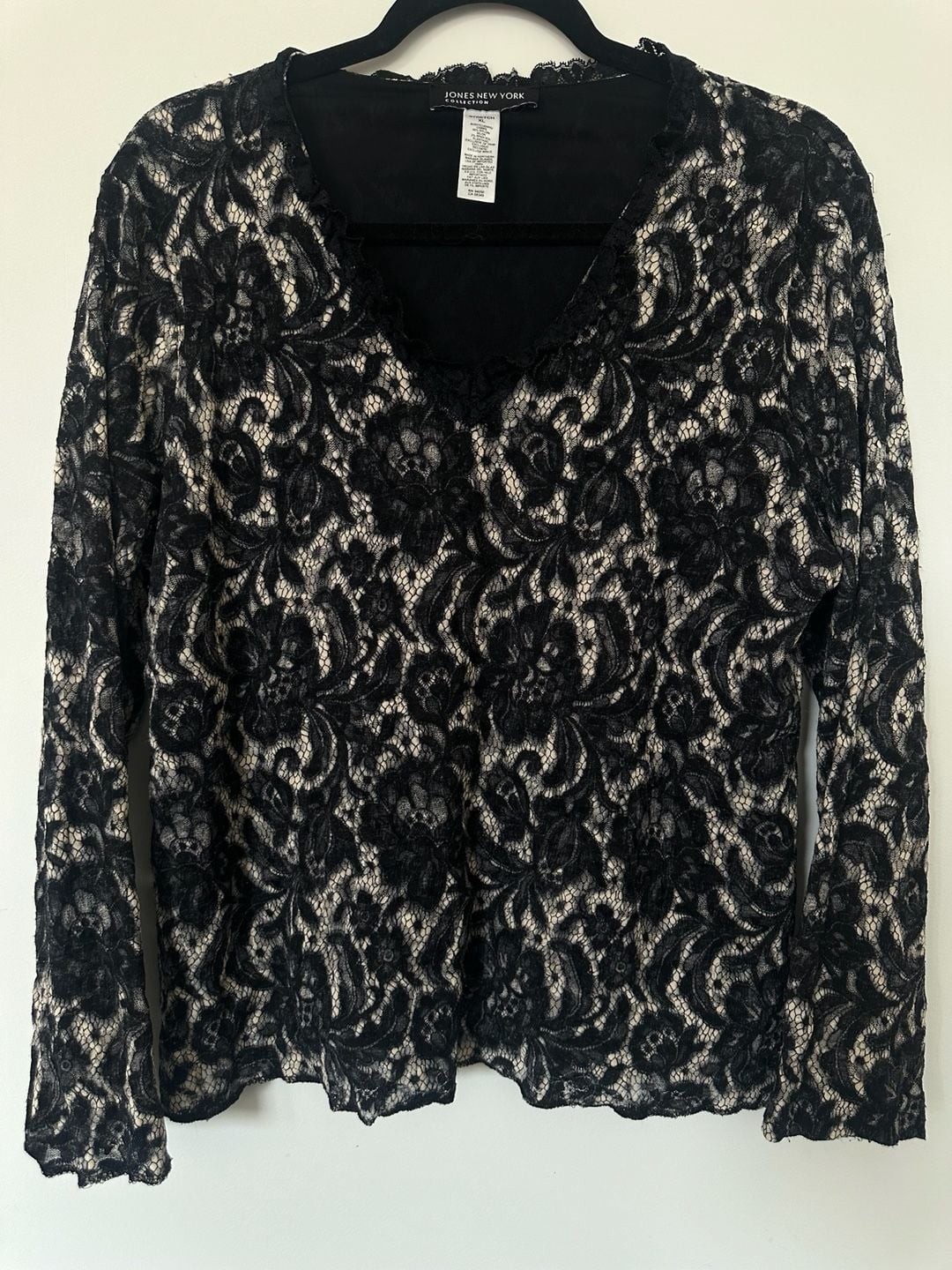 Jones New York Collection Black Lace Long Sleeve V-Neck Top Jones New York Collection Black Lace Long Sleeve V-Neck Top