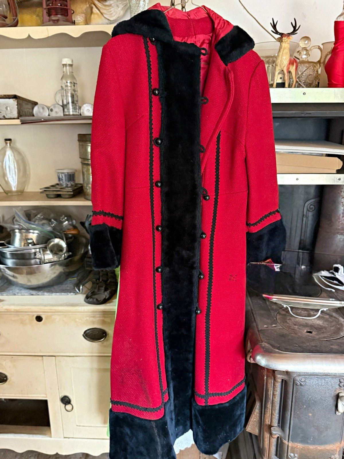 Vintage Sears Fashion Women’s S Red/Black Tolstoy Long Hooded Coat Pockets