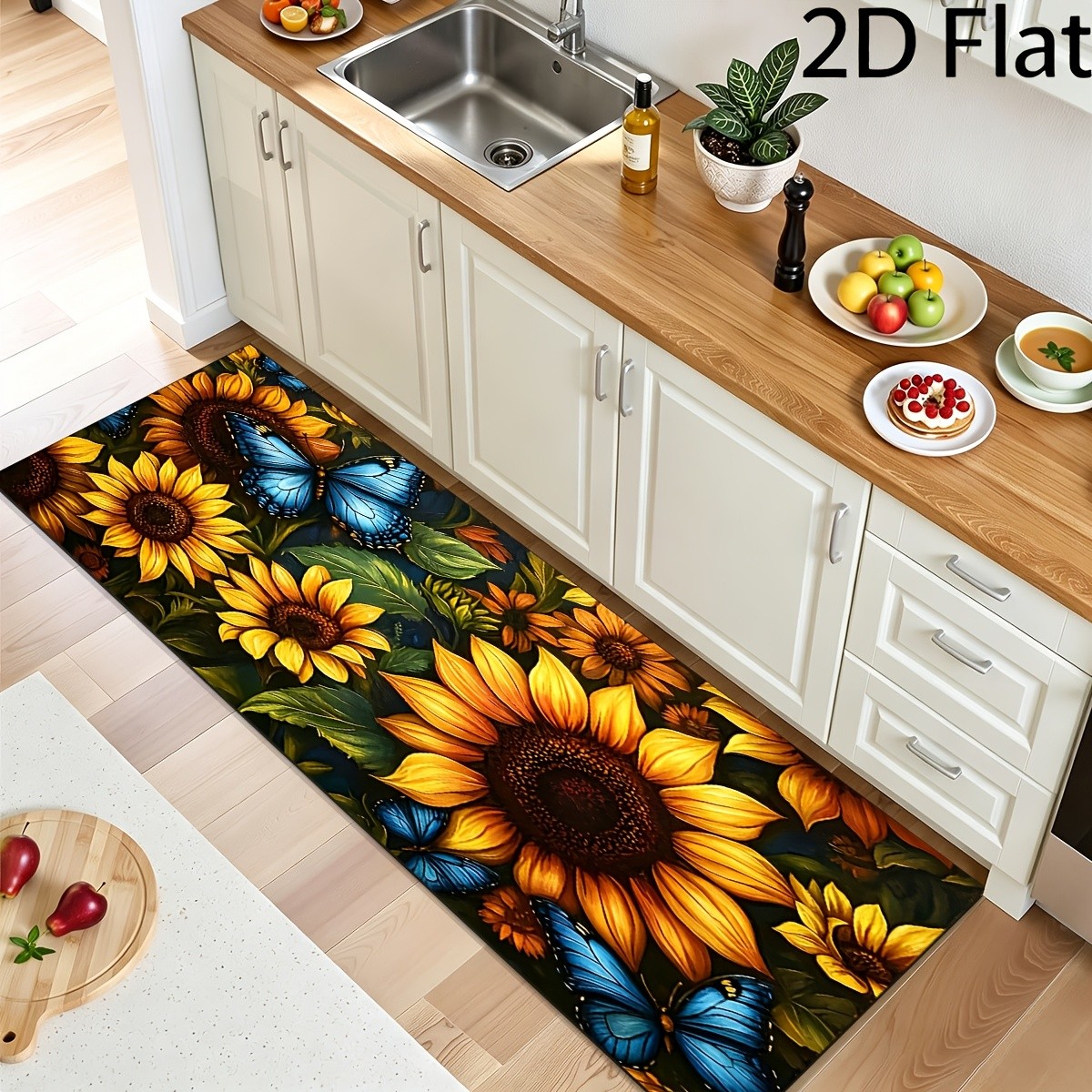 2D Flat, 2D Flat, 2D Flat 1pc Bath Rug, Printed Flannel Mat, Sunflower Butterf