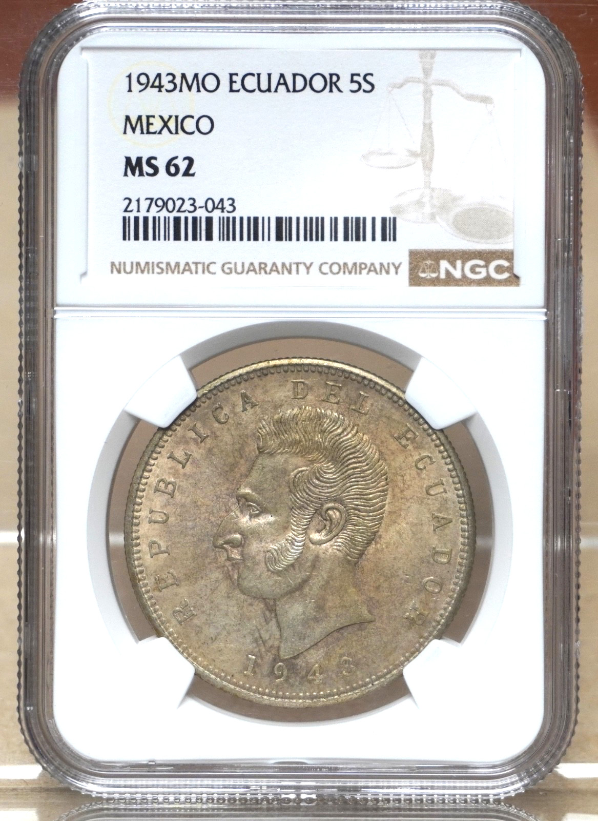 ECUADOR 1943 MO 5 SUCRES NGC MS62 023043 ECUADOR 1943 MO 5 SUCRES NGC MS62 023043