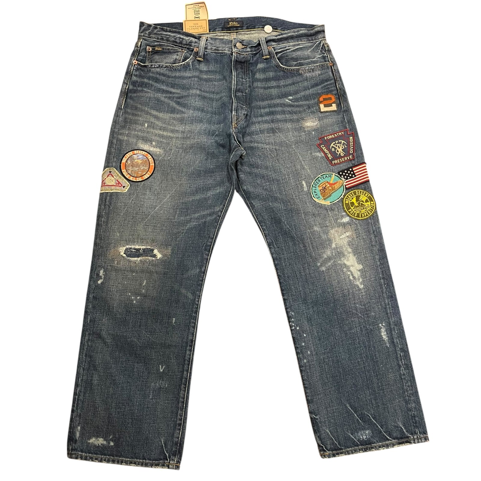 Polo Ralph Lauren Men\'s Classic Fit Distressed Patchwork  Straight Vintage Jeans