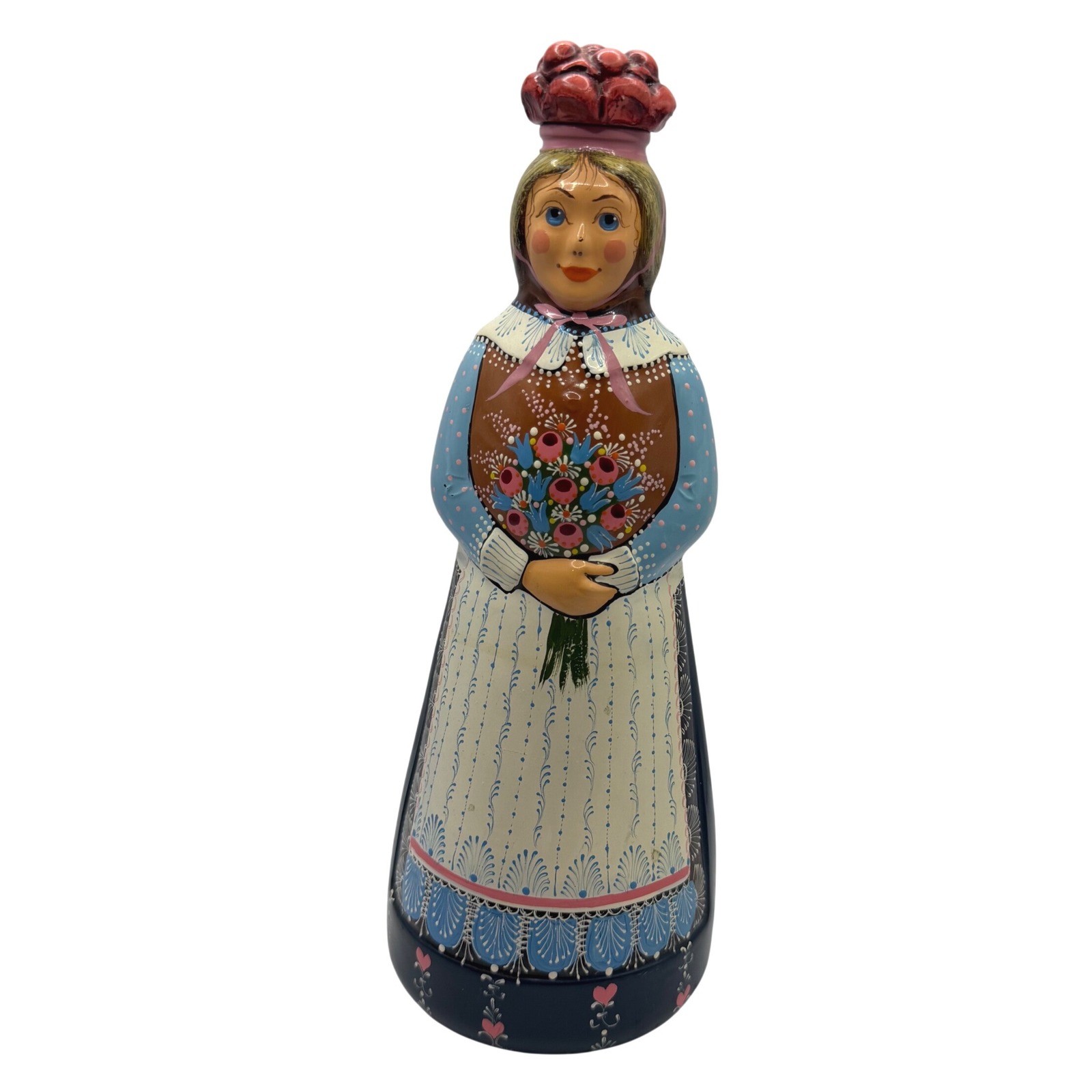 Vintage German Hand Painted Glass Woman Bottle Decanter Folk Art Figurine 10.25\