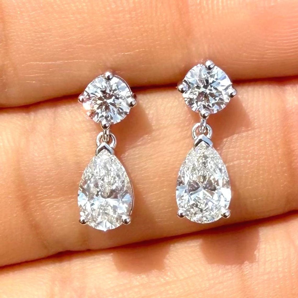 3.00 Ct Round & Pear Cut Natural HPHT Diamond Drop Earrings 925 Silver 14K Gold